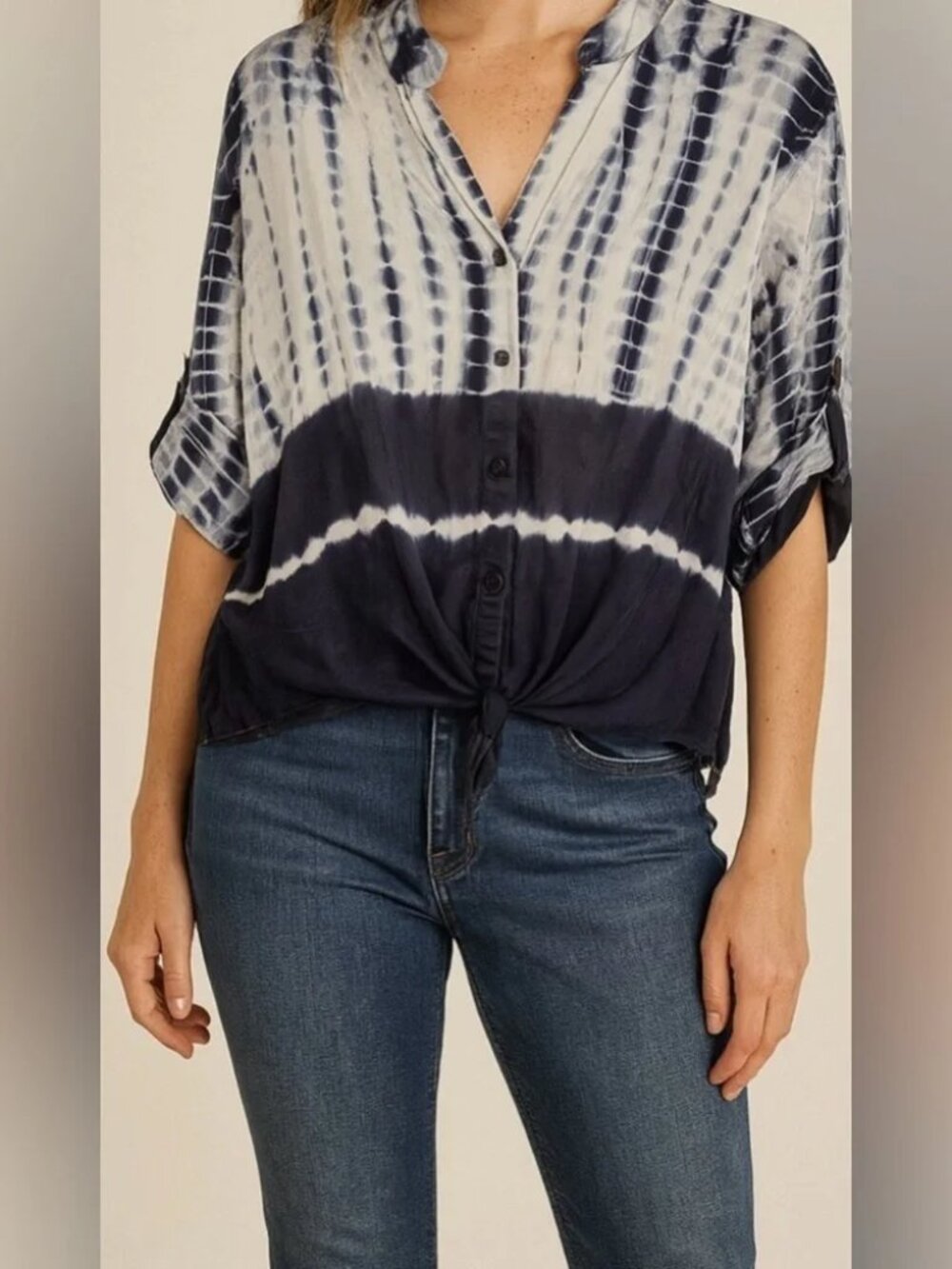 EUC Anthropologie Cloth & Stone Navy Tie Dye Tie Front Shirt Size Medium